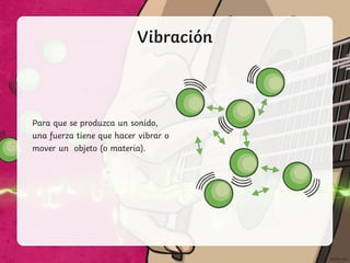 Vibración
Para que se produzca un sonido,
una fuerza tiene que hacer vibrar o
mover un objeto (o materia).
 
