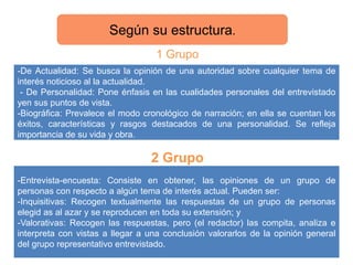 1 Grupo
El 1 grupo.
2 Grupo
Según su estructura.
-De Actualidad: Se busca la opinión de una autoridad sobre cualquier tema de
interés noticioso al la actualidad.
- De Personalidad: Pone énfasis en las cualidades personales del entrevistado
yen sus puntos de vista.
-Biográfica: Prevalece el modo cronológico de narración; en ella se cuentan los
éxitos, características y rasgos destacados de una personalidad. Se refleja
importancia de su vida y obra.
-Entrevista-encuesta: Consiste en obtener, las opiniones de un grupo de
personas con respecto a algún tema de interés actual. Pueden ser:
-Inquisitivas: Recogen textualmente las respuestas de un grupo de personas
elegid as al azar y se reproducen en toda su extensión; y
-Valorativas: Recogen las respuestas, pero (el redactor) las compita, analiza e
interpreta con vistas a llegar a una conclusión valorarlos de la opinión general
del grupo representativo entrevistado.
 