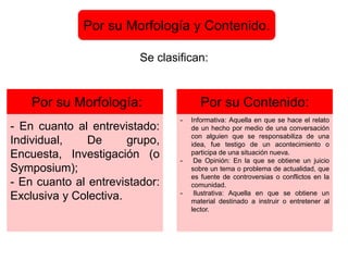 Se clasifican:
Por su Morfología y Contenido.
- En cuanto al entrevistado:
Individual, De grupo,
Encuesta, Investigación (o
Symposium);
- En cuanto al entrevistador:
Exclusiva y Colectiva.
- Informativa: Aquella en que se hace el relato
de un hecho por medio de una conversación
con alguien que se responsabiliza de una
idea, fue testigo de un acontecimiento o
participa de una situación nueva.
- De Opinión: En la que se obtiene un juicio
sobre un tema o problema de actualidad, que
es fuente de controversias o conflictos en la
comunidad.
- Ilustrativa: Aquella en que se obtiene un
material destinado a instruir o entretener al
lector.
Por su Morfología: Por su Contenido:
 
