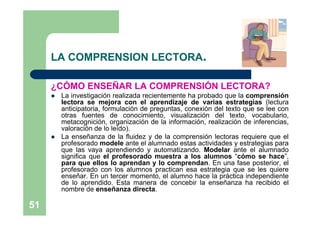 LA COMPRENSION LECTORA.

     ¿CÓMO ENSEÑAR LA COMPRENSIÓN LECTORA?
        La investigación realizada recientemente ha probado que la comprensión
         lectora se mejora con el aprendizaje de varias estrategias (lectura
         anticipatoria, formulación de preguntas, conexión del texto que se lee con
         otras fuentes de conocimiento, visualización del texto, vocabulario,
         metacognición, organización de la información, realización de inferencias,
         valoración de lo leído).
        La enseñanza de la fluidez y de la comprensión lectoras requiere que el
         profesorado modele ante el alumnado estas actividades y estrategias para
         que las vaya aprendiendo y automatizando. Modelar ante el alumnado
         significa que el profesorado muestra a los alumnos “cómo se hace”,
         para que ellos lo aprendan y lo comprendan. En una fase posterior, el
         profesorado con los alumnos practican esa estrategia que se les quiere
         enseñar. En un tercer momento, el alumno hace la práctica independiente
         de lo aprendido. Esta manera de concebir la enseñanza ha recibido el
         nombre de enseñanza directa.

51
 