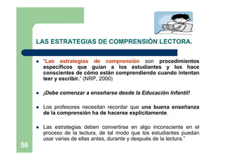LAS ESTRATEGIAS DE COMPRENSIÓN LECTORA.

        “Las estrategias de comprensión son procedimientos
         específicos que guían a los estudiantes y los hace
         conscientes de cómo están comprendiendo cuando intentan
         leer y escribir.” (NRP, 2000)

        ¡Debe comenzar a enseñarse desde la Educación Infantil!

        Los profesores necesitan recordar que una buena enseñanza
         de la comprensión ha de hacerse explícitamente.

        Las estrategias deben convertirse en algo inconsciente en el
         proceso de la lectura, de tal modo que los estudiantes puedan
         usar varias de ellas antes, durante y después de la lectura.”
56
 
