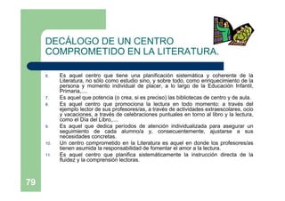 DECÁLOGO DE UN CENTRO
     COMPROMETIDO EN LA LITERATURA.

     6.    Es aquel centro que tiene una planificación sistemática y coherente de la
           Literatura, no sólo como estudio sino, y sobre todo, como enriquecimiento de la
           persona y momento individual de placer, a lo largo de la Educación Infantil,
           Primaria,....
     7.    Es aquel que potencia (o crea, si es preciso) las bibliotecas de centro y de aula.
     8.    Es aquel centro que promociona la lectura en todo momento: a través del
           ejemplo lector de sus profesores/as, a través de actividades extraescolares, ocio
           y vacaciones, a través de celebraciones puntuales en torno al libro y la lectura,
           como el Día del Libro,....
     9.    Es aquel que dedica períodos de atención individualizada para asegurar un
           seguimiento de cada alumno/a y, consecuentemente, ajustarse a sus
           necesidades concretas.
     10.   Un centro comprometido en la Literatura es aquel en donde los profesores/as
           tienen asumida la responsabilidad de fomentar el amor a la lectura.
     11.   Es aquel centro que planifica sistemáticamente la instrucción directa de la
           fluidez y la comprensión lectoras.



79
 