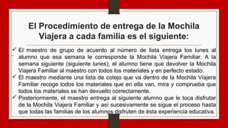 El Procedimiento de entrega de la Mochila
Viajera a cada familia es el siguiente:
.
 El maestro de grupo de acuerdo al número de lista entrega los lunes al
alumno que esa semana le corresponde la Mochila Viajera Familiar. A la
semana siguiente (siguiente lunes), el alumno tiene que devolver la Mochila
Viajera Familiar al maestro con todos los materiales y en perfecto estado.
 El maestro mediante una lista de cotejo que va dentro de la Mochila Viajera
Familiar recoge todos los materiales que en ella van, mira y comprueba que
todos los materiales se han devuelto correctamente.
 Posteriormente, el maestro entrega al siguiente alumno que le toca disfrutar
de la Mochila Viajera Familiar y así sucesivamente se sigue el proceso hasta
que todas las familias de los alumnos disfruten de ésta experiencia educativa.
 