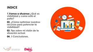 INDICE
1. Vamos a situarnos ¿Qué es
visibilidad y como está el
patio?
02. ¿Cómo optimizar nuestros
recursos para potenciar la
visibilidad?
03. Tips sobre mi visión de la
situación actual.
04. 5 Conclusiones.
 