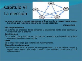 Capítulo VI La elección Lo que creamos o lo que pensemos al final no tiene mayor importancia. Lo único que realmente importa es lo que hacemos.  JOHN RUSKIN El Comportamiento Es la forma de proceder de las personas u organismos frente a los estímulos y en relación con el entorno. Sentimientos Es un estado de animo que se produce por causas que lo impresionan y tiene acceso al estado anímico propio. Ideas Es la imagen de algo que se forma en nuestra mente. Malos Comportamientos Constituye una serie de pautas de comportamiento  que se deben cumplir y acatar para lograr una mejor relación con quienes convivimos y nos relacionamos. 