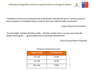 Aislamiento Geográfico, Internet y Capital Social en la Patagonia Chilena 
“Facebook se torna una herramienta de comunicación más efectiva que un “puerta a puerta”, 
pues al publicar en Facebook todos se enteran de lo que está haciendo una persona”. 
“la comunidad…luchaba de forma unida, …distinta, muchas veces, a lo que ocurre hoy día, 
donde mucha gente ……genera ideas pero no participa directamente”. 
(Focus Group Puerto Tranquilo) 
Participación en Organizaciones Locales 
Grupo de edad % Participación 
25 a 34 52,4% 
35 a 44 63,2% 
45 y más 73,8% 
(Focus Group Cerro Castillo) 
 