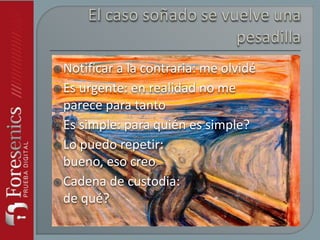 Notificar a la contraria: me olvidé
Es urgente: en realidad no me
parece para tanto
Es simple: para quién es simple?
Lo puedo repetir:
bueno, eso creo
Cadena de custodia:
de qué?
 