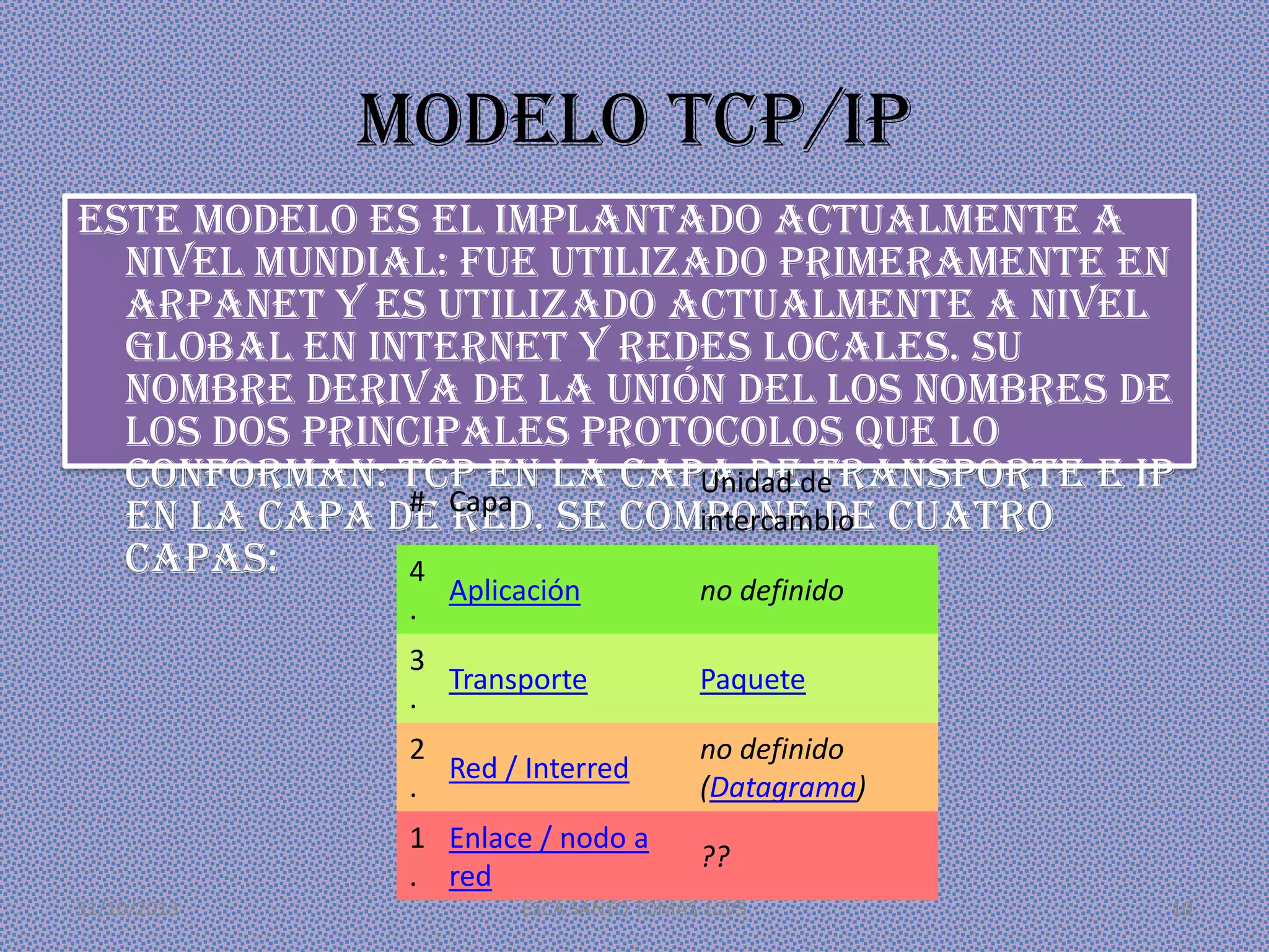Modelo TCP/IP
Este modelo es el implantado actualmente a
nivel mundial: fue utilizado primeramente en
ARPANET y es utilizado actualmente a nivel
global en Internet y redes locales. Su
nombre deriva de la unión del los nombres de
los dos principales protocolos que lo
conforman: TCP en la capa dede
Unidad transporte e IP
# Capa
intercambio
en la capa de red. Se compone de cuatro
capas:
4
.

Aplicación

no definido

3
Transporte
.
2
Red / Interred
.

no definido
(Datagrama)

1 Enlace / nodo a
. red
31/10/2013

Paquete

??

ESCA SANTO TOMÁS 1CV5

10

 