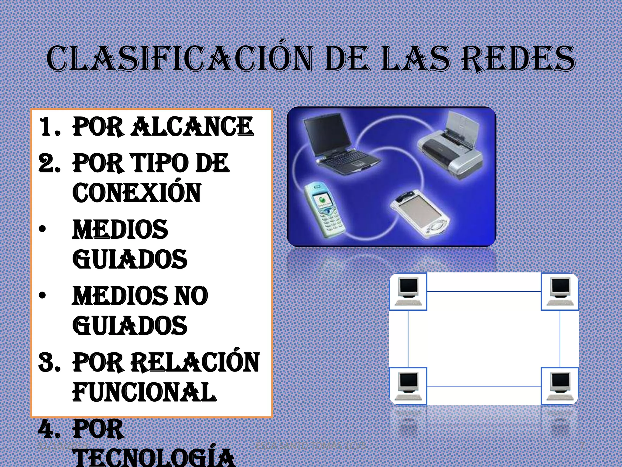 Clasificación de las redes
1. Por alcance
2. Por tipo de
conexión
• Medios
guiados
• Medios no
guiados
3. Por relación
funcional
4. Por
31/10/2013

ESCA SANTO TOMÁS 1CV5

7

 
