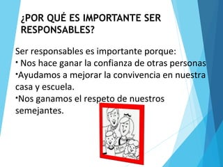 ¿POR QUÉ ES IMPORTANTE SER
RESPONSABLES?
Ser responsables es importante porque:
• Nos hace ganar la confianza de otras personas
•Ayudamos a mejorar la convivencia en nuestra
casa y escuela.
•Nos ganamos el respeto de nuestros
semejantes.