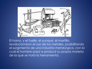 El horno, y el fuelle, el yunque, el martillo,
revolucionaron el uso de los metales, posibilitando
el surgimiento de una industria metalúrgica, con la
cual el hombre pasa a producir su propia materia
de la que se hará la herramienta.
 