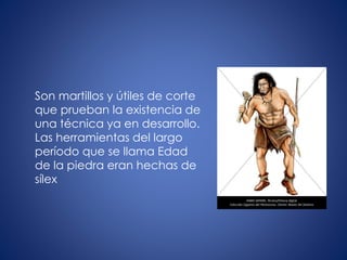 Son martillos y útiles de corte
que prueban la existencia de
una técnica ya en desarrollo.
Las herramientas del largo
período que se llama Edad
de la piedra eran hechas de
sílex
 