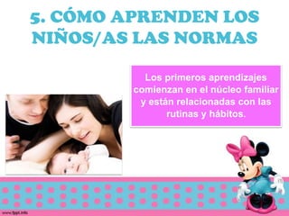 5. CÓMO APRENDEN LOS
NIÑOS/AS LAS NORMAS

           Los primeros aprendizajes
         comienzan en el núcleo familiar
          y están relacionadas con las
                rutinas y hábitos.
 