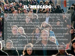 El Mercado
• Para el 2012 se espera que solo el negocio de las llamadas
  de Larga Distancia Internacional alcance los 19,5
  BILLONES de dólares.
• En nuestra zona de influencia comercial se cursarán
  12.500 millones de minutos de tráfico Internacional.
• De estos, solo un 15% son cursados usando la tecnología
  VOIP
• Una llamada Internacional a través de VOIP cuesta entre
  15 y 20 veces más barata que la telefonía tradicional
• Se espera que para el 2016, sobre el 90% de las llamadas
  sean VOIP .
• Y esto es SOLO lo que respecta a las llamadas. Aquí no
  están considerados los servicios de valor agregado
 