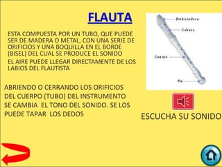 ESTA COMPUESTA POR UN TUBO, QUE PUEDE
 SER DE MADERA O METAL, CON UNA SERIE DE
 ORIFICIOS Y UNA BOQUILLA EN EL BORDE
 (BISEL) DEL CUAL SE PRODUCE EL SONIDO
 EL AIRE PUEDE LLEGAR DIRECTAMENTE DE LOS
 LABIOS DEL FLAUTISTA

ABRIENDO O CERRANDO LOS ORIFICIOS
DEL CUERPO (TUBO) DEL INSTRUMENTO
SE CAMBIA EL TONO DEL SONIDO. SE LOS
PUEDE TAPAR LOS DEDOS                       ESCUCHA SU SONIDO
 