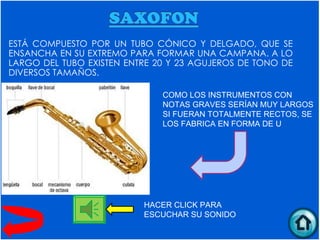 ESTÁ COMPUESTO POR UN TUBO CÓNICO Y DELGADO, QUE SE
ENSANCHA EN SU EXTREMO PARA FORMAR UNA CAMPANA. A LO
LARGO DEL TUBO EXISTEN ENTRE 20 Y 23 AGUJEROS DE TONO DE
DIVERSOS TAMAÑOS.

                              COMO LOS INSTRUMENTOS CON
                              NOTAS GRAVES SERÍAN MUY LARGOS
                              SI FUERAN TOTALMENTE RECTOS, SE
                              LOS FABRICA EN FORMA DE U




                          HACER CLICK PARA
                          ESCUCHAR SU SONIDO
 
