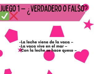 Juego1–¿VerdaderooFalso?
✅❌
-La leche viene de la vaca –
-La vaca vive en el mar –
-Con la leche se hace queso –
 