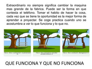 Extraordinario no siempre significa cambiar la maquina
mas grande de la fabrica. Puede ser la forma en que
contesta el teléfono. Tomar el habito de hacer la cosa,
cada vez que se tiene la oportunidad es la mejor forma de
aprender a proyectar. Se coge practica cuando uno se
acostumbra a ver lo que funciona y lo que no.
QUE FUNCIONA Y QUE NO FUNCIONA
 