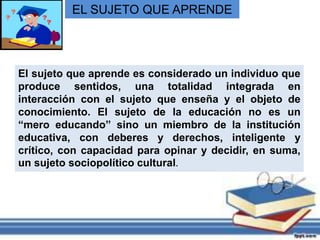 EL SUJETO QUE APRENDE
El sujeto que aprende es considerado un individuo que
produce sentidos, una totalidad integrada en
interacción con el sujeto que enseña y el objeto de
conocimiento. El sujeto de la educación no es un
“mero educando” sino un miembro de la institución
educativa, con deberes y derechos, inteligente y
crítico, con capacidad para opinar y decidir, en suma,
un sujeto sociopolítico cultural.
 