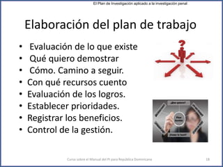 Elaboración del plan de trabajo
• Evaluación de lo que existe
• Qué quiero demostrar
• Cómo. Camino a seguir.
• Con qué recursos cuento
• Evaluación de los logros.
• Establecer prioridades.
• Registrar los beneficios.
• Control de la gestión.
Curso sobre el Manual del PI para República Dominicana 18
El Plan de Investigación aplicado a la investigación penal
 