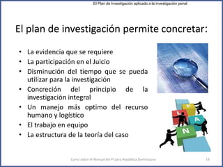 El plan de investigación permite concretar:
• La evidencia que se requiere
• La participación en el Juicio
• Disminución del tiempo que se pueda
utilizar para la investigación
• Concreción del principio de la
investigación integral
• Un manejo más optimo del recurso
humano y logístico
• El trabajo en equipo
• La estructura de la teoría del caso
Curso sobre el Manual del PI para República Dominicana 19
El Plan de Investigación aplicado a la investigación penal
 