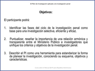 Objetivos:
El participante podrá:
1. Identificar las fases del ciclo de la investigación penal como
base para una investigación selectiva, eficiente y eficaz.
2. Puntualizar, reseñar la importancia de una relación armónica y
transparente entre el Ministerio Público e investigadores que
unifique los criterios y objetivos de la investigación penal.
3. Describir el PI como una herramienta para estandarizar la forma
de planear la investigación, conociendo su esquema, objetivos y
características.
5Curso sobre el Manual del PI para República Dominicana
El Plan de Investigación aplicado a la investigación penal
 