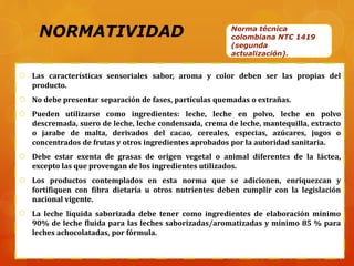 NORMATIVIDAD
 Las características sensoriales sabor, aroma y color deben ser las propias del
producto.
 No debe presentar separación de fases, partículas quemadas o extrañas.
 Pueden utilizarse como ingredientes: leche, leche en polvo, leche en polvo
descremada, suero de leche, leche condensada, crema de leche, mantequilla, extracto
o jarabe de malta, derivados del cacao, cereales, especias, azúcares, jugos o
concentrados de frutas y otros ingredientes aprobados por la autoridad sanitaria.
 Debe estar exenta de grasas de origen vegetal o animal diferentes de la láctea,
excepto las que provengan de los ingredientes utilizados.
 Los productos contemplados en esta norma que se adicionen, enriquezcan y
fortifiquen con fibra dietaría u otros nutrientes deben cumplir con la legislación
nacional vigente.
 La leche líquida saborizada debe tener como ingredientes de elaboración mínimo
90% de leche fluida para las leches saborizadas/aromatizadas y mínimo 85 % para
leches achocolatadas, por fórmula.
Norma técnica
colombiana NTC 1419
(segunda
actualización).
 