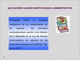 “Parágrafo Único: La reiterada
negligencia de los responsables de
los asuntos…, les acarreará
amonestaciones escrita a los efectos
de lo dispuesto en la Ley de Carrera
Administrativa, sin perjuicio de las
sanciones previstas en el artículo 100
de la LOPA.”.
“Parágrafo Único: La reiterada
negligencia de los responsables de
los asuntos…, les acarreará
amonestaciones escrita a los efectos
de lo dispuesto en la Ley de Carrera
Administrativa, sin perjuicio de las
sanciones previstas en el artículo 100
de la LOPA.”.
QUE SUCEDE CUANDO EXISTE SILENCIO ADMINISTRATIVO
 