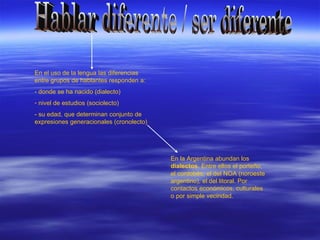 Hablar diferente / ser diferente En el uso de la lengua las diferencias entre grupos de hablantes responden a:  - donde se ha nacido (dialecto) nivel de estudios (sociolecto) - su edad, que determinan conjunto de expresiones generacionales (cronolecto) En la Argentina abundan los  dialectos.  Entre ellos el porteño, el cordobés, el del NOA (noroeste argentino), el del litoral. Por contactos económicos, culturales o por simple vecindad.  