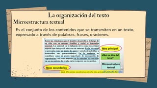 Es el conjunto de los contenidos que se transmiten en un texto,
expresado a través de palabras, frases, oraciones.
La organización del texto
Microestructura textual
 
