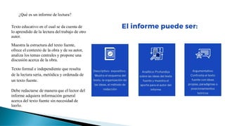 Texto formal e independiente que resulta
de la lectura seria, metódica y ordenada de
un texto fuente.
¿Qué es un informe de lectura?
Texto educativo en el cual se da cuenta de
lo aprendido de la lectura del trabajo de otro
autor.
Muestra la estructura del texto fuente,
ofrece el contexto de la obra y de su autor,
analiza los temas centrales y propone una
discusión acerca de la obra.
Debe redactarse de manera que el lector del
informe adquiera información general
acerca del texto fuente sin necesidad de
leerlo.
 