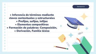 • Inferencia de términos mediante
claves contextuales y estructurales
• Prefijos, sufijos, infijos
• Elementos compositivos
• Formación de palabras: Composición,
• Derivación, Familia léxica
Semana 6.2
 