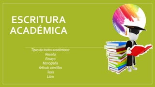 ESCRITURA
ACADÉMICA
Tipos de textos académicos:
Reseña
Ensayo
Monografía
Artículo científico
Tesis
Libro
 