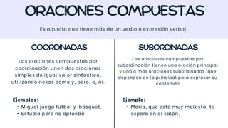 Es aquella que tiene más de un verbo o expresión verbal.
Las oraciones compuestas por
coordinación unen dos oraciones
simples de igual valor sintáctico,
utilizando nexos como y, pero, o, ni.
Ejemplos:
• Miguel juega fútbol y básquet.
• Estudia pero no aprueba.
Las oraciones compuestas por
subordinación tienen una oración principal
y una o más oraciones subordinadas, que
dependen de la principal para expresar su
contenido
Ejemplo:
• María, que está muy molesta, te
espera en el salón.
 