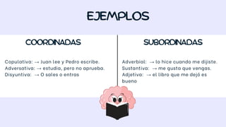 Copulativa: → Juan lee y Pedro escribe.
Adversativa: → estudia, pero no aprueba.
Disyuntiva: → O sales o entras
Adverbial: → lo hice cuando me dijiste.
Sustantiva: → me gusta que vengas.
Adjetiva: → el libro que me dejó es
bueno
 