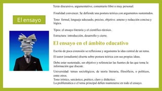 Texto discursivo, argumentativo, comentario libre o muy personal.
Finalidad convencer. Se defiende una postura teórica con argumentos sustentados.
Tipos: el ensayo literario y el científico-técnico.
Tono formal, lenguaje adecuado, preciso, objetivo. ameno y redacción concisa y
lógica.
Estructura: introducción, desarrollo y cierre.
Tono irónico, sarcástico, poético, claro y didáctico.
La problemática o el tema principal deben mantenerse en todo el ensayo.
El ensayo
El ensayo en el ámbito educativo
Escrito de poca extensión se reflexiona y argumenta la idea central de un tema.
El autor (estudiante) diserta sobre postura teórica con sus propias ideas.
Debe estar sustentado, ser objetivo y referenciar las fuentes de las que toma la
información que discute.
Universidad: temas sociológicos, de teoría literaria, filosóficos, o políticos,
entre otros.
 