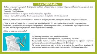 LA MONOGRAFÍA
Se plantea y delimita el tema, se elabora un título.
Se buscan y evalúan fuentes primarias, secundarias y terciarias.
Se revisan las fuentes, se obtiene información y se formula una hipótesis o supuesto
de lo que se busca encontrar con el desarrollo del trabajo.
Se plantea un programa para el texto, se organizan los capítulos y apartados de
acuerdo con la estructura básica; con esto, se realiza el índice de contenidos.
Trabajo investigativo, original, descriptivo y analítico, sobre un tema en particular. Rigor científico en lo que respecta a su
redacción y producción.
Extensión (20-60 páginas)
Brinda información de un aspecto particular disciplina específica.
portada e índice, bibliografía y, de ser necesario, anexos (fotografías o textos auxiliares)
Se realiza para acreditar conocimientos, a manera de trabajo a presentar para alguna materia, trabajo de fin de curso.
¿Cómo se redacta? Se describe el esquema que seguirá el escrito. El cuerpo del texto se desarrolla a partir de datos
observados y previamente anotados para este propósito. Se evitan generalidades y se resaltan los aspectos particulares
del tema. Se concluye con propuestas para el seguimiento del trabajo.
¿Cómo se hace una monografía?
 