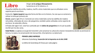 Origen en la antigua Mesopotamia.
Pequeñas tablillas de arcilla, madera, marfil u otros materiales que se utilizaban como
soporte para la escritura.
Sumerios en el IV milenio a. C.
Evolución: Egipto (papiro) segunda forma de libro en la historia. Se cree que se comenzó a
utilizar la tinta por primera vez
Grecia. papiro siglo VII a.C. Convivió con otros materiales como las tablillas de madera
rehundida, rellenadas de cera o de pergamino, también pieles utilizadas como soporte de
escritura. Se extendió a Roma.
A finales del siglo V d.C. este fue sustituido por el códice de pergamino en el cual se podía
escribir por las dos caras.
Edad Media: La iglesia se ocupó de transmitir y de conservar la cultura Se crearon monasterios donde se promovía la
lectura, la copia y la conservación de manuscritos. (Escriptorios o scriptorium)
Libro
PRIMER LIBRO IMPRESO
Johannes Gutenberg: invención de la imprenta en el año 1440
La biblia de Gutenberg 42 líneas por cada página
 