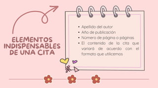 • Apellido del autor
• Año de publicación
• Número de página o páginas
• El contenido de la cita que
variará de acuerdo con el
formato que utilicemos
 