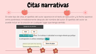 Citas narrativas
En este tipo de citas, el apellido del autor aparece en el texto en ejecución y la fecha aparece
entre paréntesis inmediatamente después del nombre del autor. El apellido del autor se
puede incluir en la oración en cualquier lugar que tenga sentido.
 