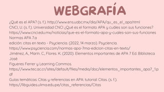 ¿Qué es el APA? (s. f.). http://www.ens.uabc.mx/dia/APA/qu_es_el_apa.html
CNCI, U. (s. f.). Universidad CNCI ¿Qué es el formato APA y cuáles son sus funciones?
https://www.cnci.edu.mx/noticias/que-es-el-formato-apa-y-cuales-son-sus-funciones
Normas APA 7.a
edición: citas en texto - Psyciencia. (2022, 14 marzo). Psyciencia.
https://www.psyciencia.com/normas-apa-7ma-edicion-citas-en-texto/
Jiménez, A., Marín. C., Flores. K. (2020). Elementos importantes de APA 7 Ed. Biblioteca
José
Figueres Ferrer y Learning Commos.
https://www.tec.ac.cr/sites/default/files/media/doc/elementos_importantes_apa7_1.p
df
Guías temáticas: Citas y referencias en APA: tutorial: Citas. (s. f.).
https://libguides.ulima.edu.pe/citas_referencias/Citas
 