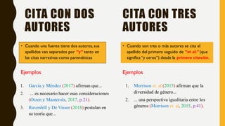 CITA CON DOS
AUTORES
• Cuando una fuente tiene dos autores, sus
apellidos van separados por “y” tanto en
las citas narrativas como parentéticas
• Cuando son tres o más autores se cita el
apellido del primero seguido de “et al.” (que
significa “y otros”) desde la primera citación.
CITA CON TRES
AUTORES
Ejemplos
1. García y Méndez (2017) afirman que...
2. ... es necesario hacer esas consideraciones
(Otzen y Manterola, 2017, p.21).
3. Ravenhill y De Visser (2018) postulan en
su teoría que...
Ejemplos
1. Morrison et. al (2015) afirman que la
diversidad de género...
2. ... una perspectiva igualitaria entre los
géneros (Morrison et. al, 2015, p.41).
 