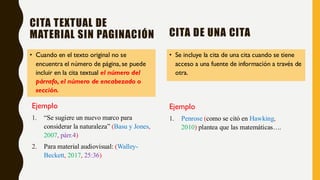 CITA TEXTUAL DE
MATERIAL SIN PAGINACIÓN
• Cuando en el texto original no se
encuentra el número de página, se puede
incluir en la cita textual el número del
párrafo, el número de encabezado o
sección.
• Se incluye la cita de una cita cuando se tiene
acceso a una fuente de información a través de
otra.
Ejemplo
1. “Se sugiere un nuevo marco para
considerar la naturaleza” (Basu y Jones,
2007, párr.4)
2. Para material audiovisual: (Walley-
Beckett, 2017, 25:36)
CITA DE UNA CITA
Ejemplo
1. Penrose (como se citó en Hawking,
2010) plantea que las matemáticas….
 