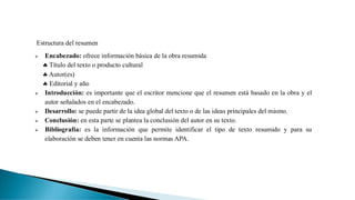 Estructura del resumen
➢ Encabezado: ofrece información básica de la obra resumida
 Título del texto o producto cultural
 Autor(es)
 Editorial y año
➢ Introducción: es importante que el escritor mencione que el resumen está basado en la obra y el
autor señalados en el encabezado.
➢ Desarrollo: se puede partir de la idea global del texto o de las ideas principales del mismo.
➢ Conclusión: en esta parte se plantea la conclusión del autor en su texto.
➢ Bibliografía: es la información que permite identificar el tipo de texto resumido y para su
elaboración se deben tener en cuenta las normas APA.
 