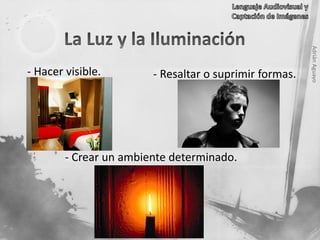 AdriánAguayo
- Hacer visible. - Resaltar o suprimir formas.
- Crear un ambiente determinado.
 