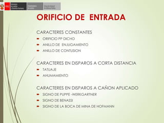 ORIFICIO DE ENTRADA
CARACTERES CONSTANTES
 ORIFICIO PP DICHO
 ANILLO DE ENJUGAMIENTO
 ANILLO DE CONTUSION
CARACTERES EN DISPAROS A CORTA DISTANCIA
 TATUAJE
 AHUMAMIENTO
CARACTERES EN DISPAROS A CAÑON APLICADO
 SIGNO DE PUPPE -WERKGARTNER
 SIGNO DE BENASSI
 SIGNO DE LA BOCA DE MINA DE HOFMANN
 