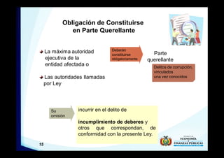 15
incurrir en el delito de
incumplimiento de deberes y
otros que correspondan, de
conformidad con la presente Ley.
Obligación de Constituirse
en Parte Querellante
La máxima autoridad
ejecutiva de la
entidad afectada o
Las autoridades llamadas
por Ley
Parte
querellante
Deberán
constituirse
obligatoriamente
Delitos de corrupción,
vinculados
una vez conocidos
Su
omisión
 