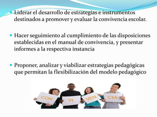  Liderar el desarrollo de estrategias e instrumentos
destinados a promover y evaluar la convivencia escolar.
 Hacer seguimiento al cumplimiento de las disposiciones
establecidas en el manual de convivencia, y presentar
informes a la respectiva instancia
 Proponer, analizar y viabilizar estrategias pedagógicas
que permitan la flexibilización del modelo pedagógico
 