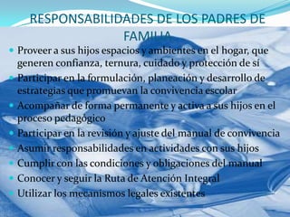 RESPONSABILIDADES DE LOS PADRES DE
FAMILIA
 Proveer a sus hijos espacios y ambientes en el hogar, que
generen confianza, ternura, cuidado y protección de sí
 Participar en la formulación, planeación y desarrollo de
estrategias que promuevan la convivencia escolar
 Acompañar de forma permanente y activa a sus hijos en el
proceso pedagógico
 Participar en la revisión y ajuste del manual de convivencia
 Asumir responsabilidades en actividades con sus hijos
 Cumplir con las condiciones y obligaciones del manual
 Conocer y seguir la Ruta de Atención Integral
 Utilizar los mecanismos legales existentes
 