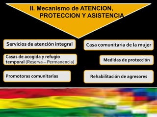 Servicios de atención integral
Casas de acogida y refugio
temporal (Reserva – Permanencia)
Promotoras comunitarias
Casa comunitaria de la mujer
Rehabilitación de agresores
Medidas de protección
II. Mecanismo de ATENCION,
PROTECCION Y ASISTENCIA
 